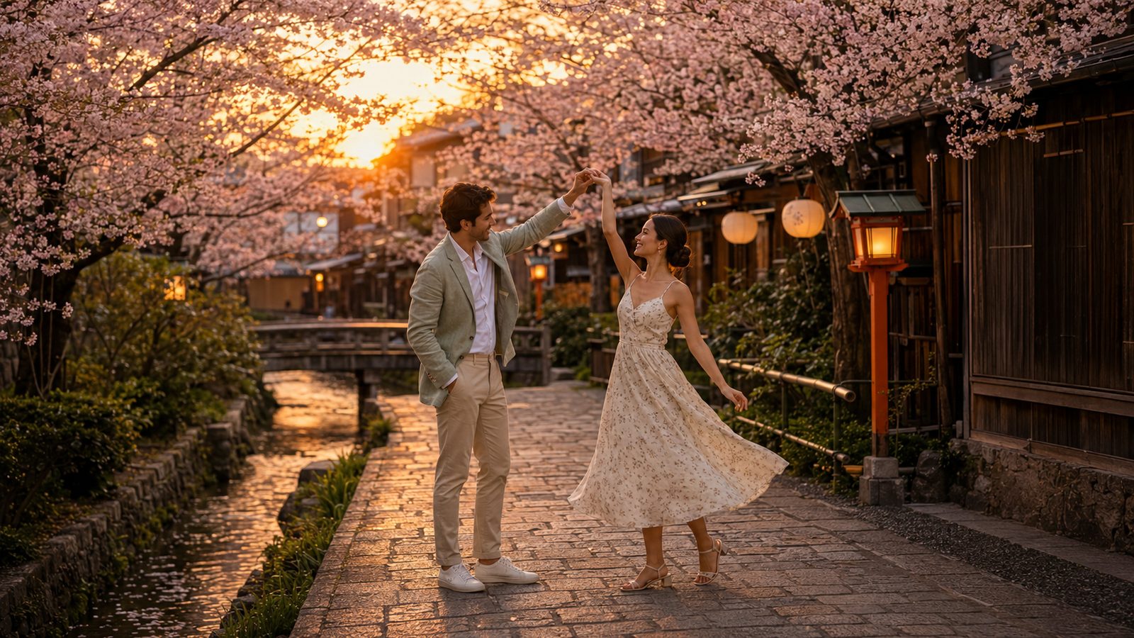 Isabella y Mateo bailando bajo los cerezos en Kioto