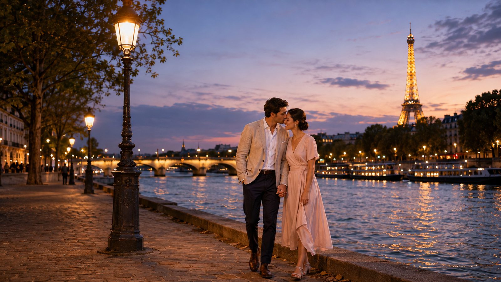 Isabella y Mateo de noche junto al río en París